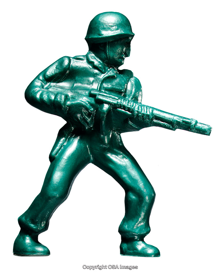Green Plastic Toy Soldier Figurine Posed with Gun Isolated on White Background