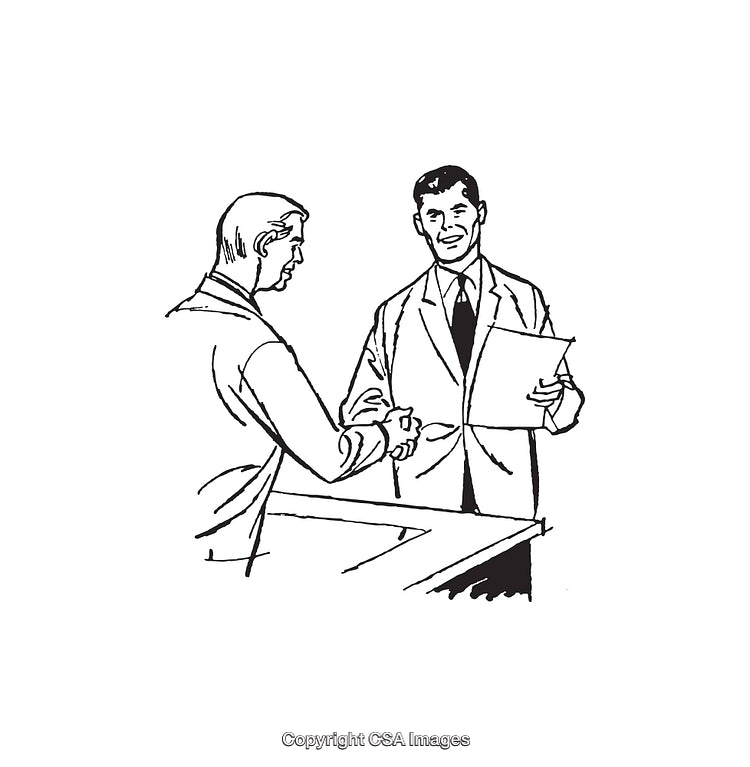 Two Professionals Engaging in a Handshake and Discussion in Line Art Style