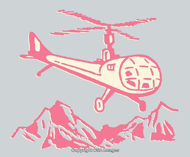 Illustrated Helicopter Hovering Above Mountain Landscape in Stylized Colors
