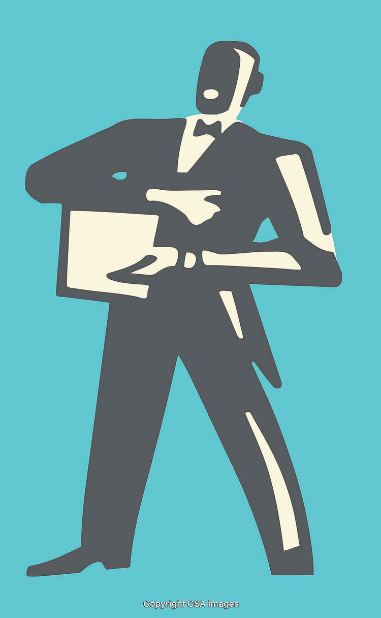 Stylized Figure in Tuxedo on a Minimalist Blue Background