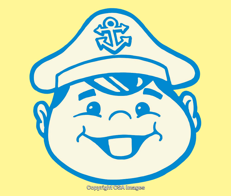 Smiling Cartoon Sailor Boy with Anchor on Cap in Line Art Style