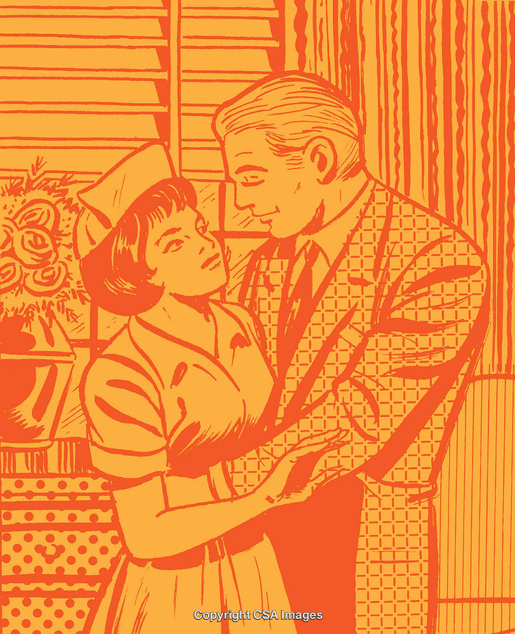 Retro Illustration Depicting A Warm Embrace Between A Couple in Vintage Style