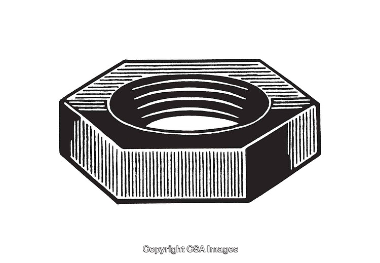 Black and White Line Art Illustration of a Hexagonal Metal Nut