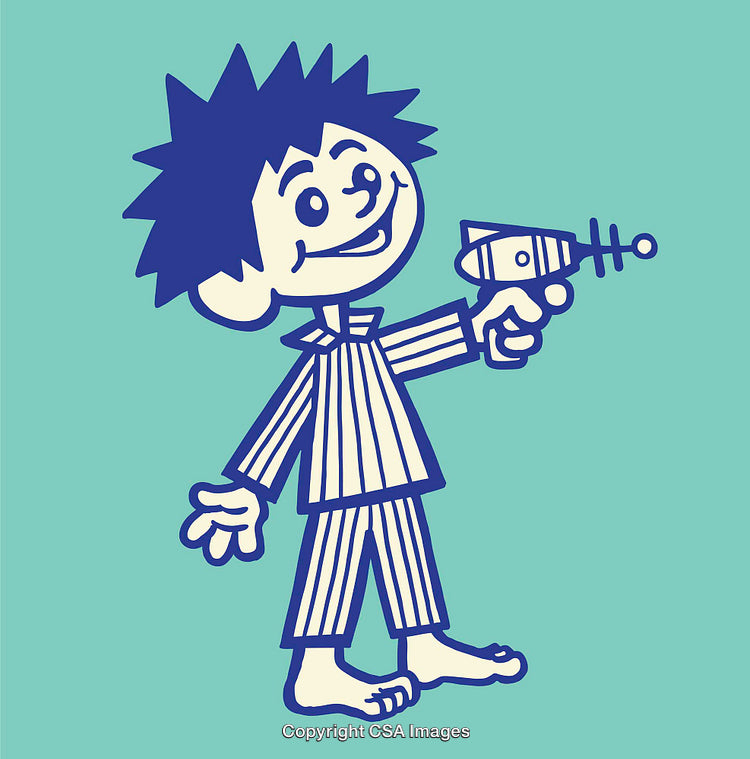 Retro Style Illustration of a Boy in Pajamas With Toy Gun