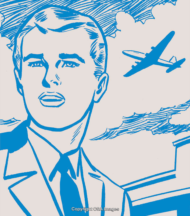 Retro Style Illustration of a Businessman with Airplane and Sky Background