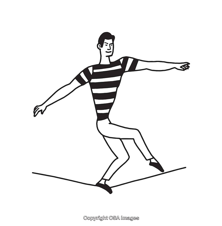 Line Art Illustration of a Man Walking on a Tightrope