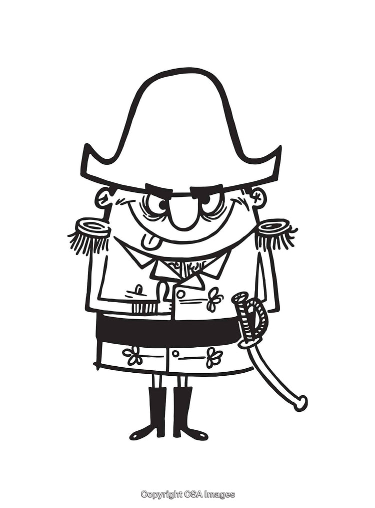 Black and White Cartoon Illustration of a Funny Military General