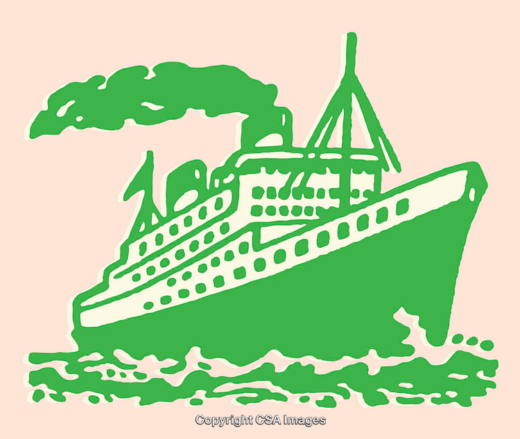 Green Line Art of a Large Steamship on a Calm Ocean