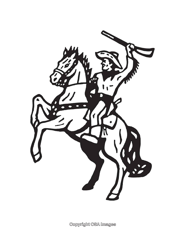 Vintage Line Art of a Western Rider with Raised Rifle on Horseback