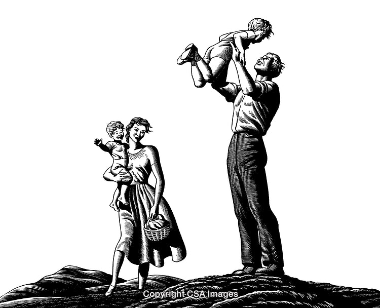 Family Bonding Outdoors Depicted in Retro Black and White Engraving Style