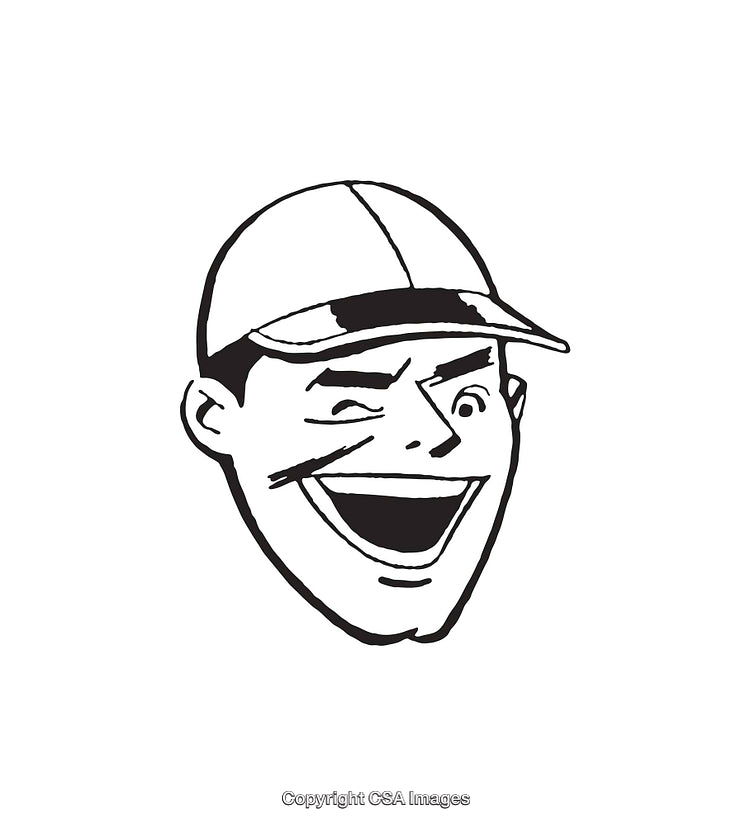 Black and White Illustration of Cheerful Man with Distinctive Expressions