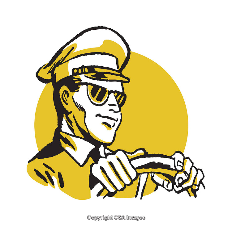 Vintage Illustration of a Confident Driver Holding Steering Wheel in Sunglasses