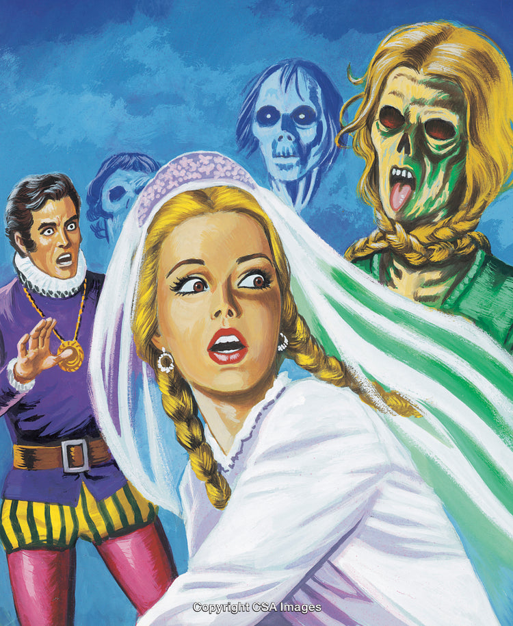 Frightened Bride Surrounded by Ghostly Figures in a Dramatic Encounter