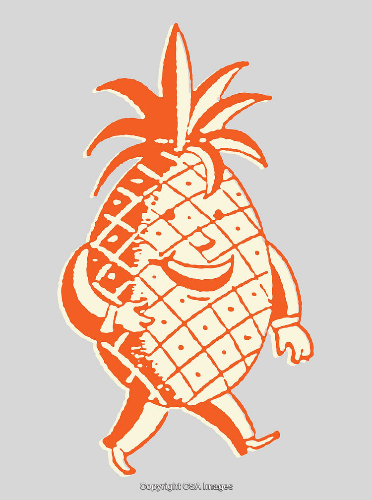 Colorful Retro Illustration of Smiling Pineapple Character in Line Art Style