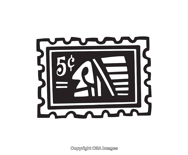 Black and White Line Art Illustration of Vintage Postage Stamp