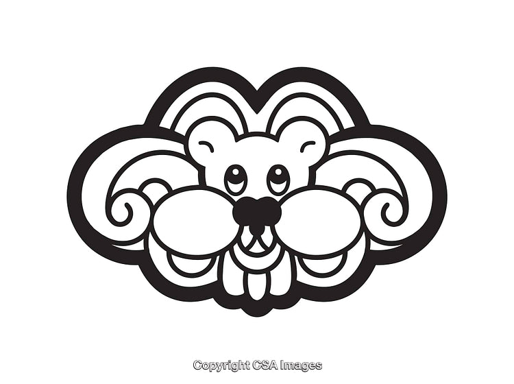 Decorative Black and White Line Art of a Stylized Animal Face