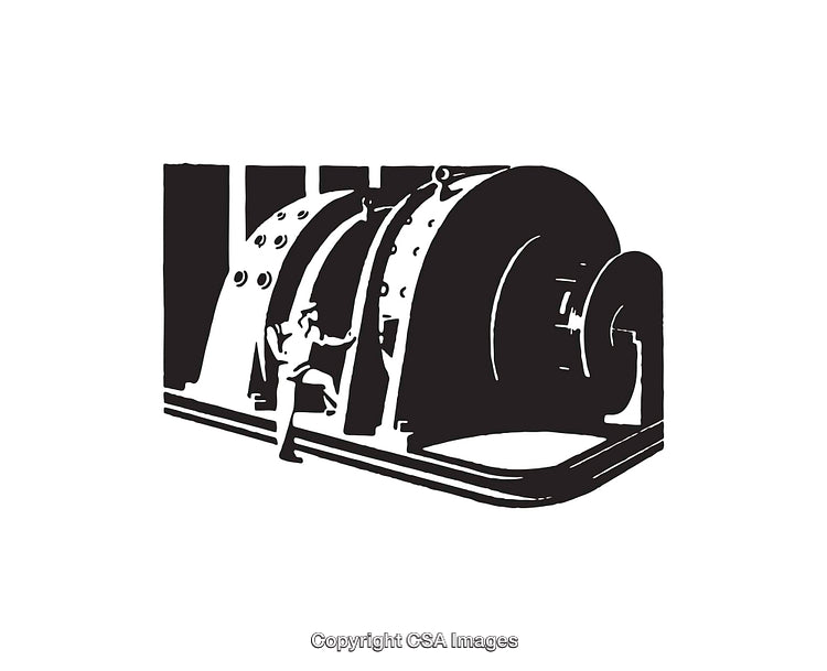 Industrial Machine Illustration with Worker in Black and White Line Art