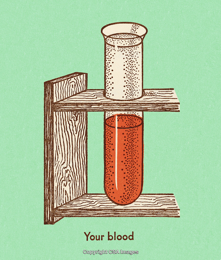 Artistic Illustration of Test Tubes with Red and Clear Liquids on Wooden Rack