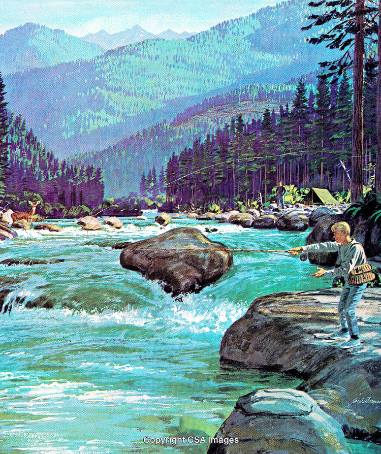 Scenic River Landscape with Fly Fisherman in Mountainous Forest Setting