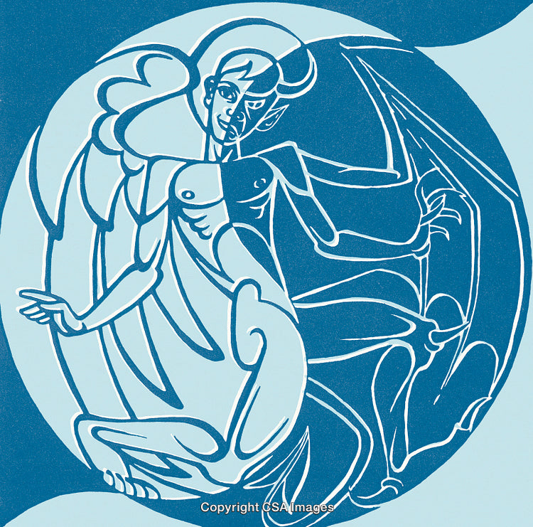 Abstract Illustration of Angel and Demon in Contrasting Artistic Styles
