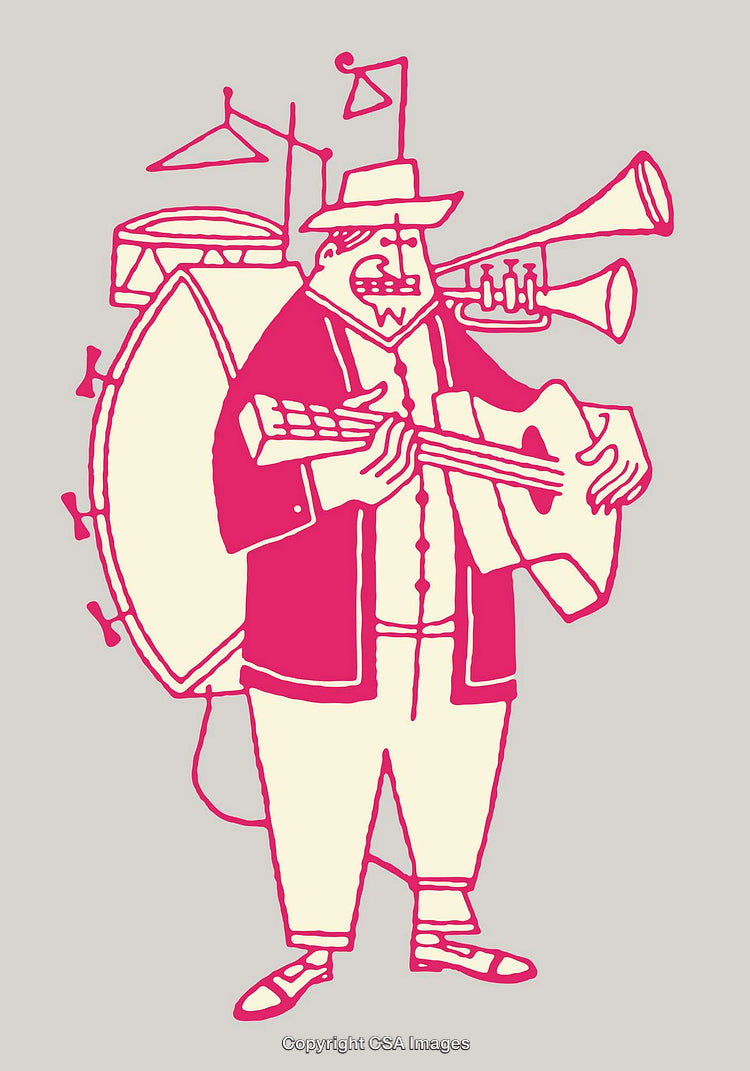 Colorful Line Art Illustration of a One-Person Band Musician Performing