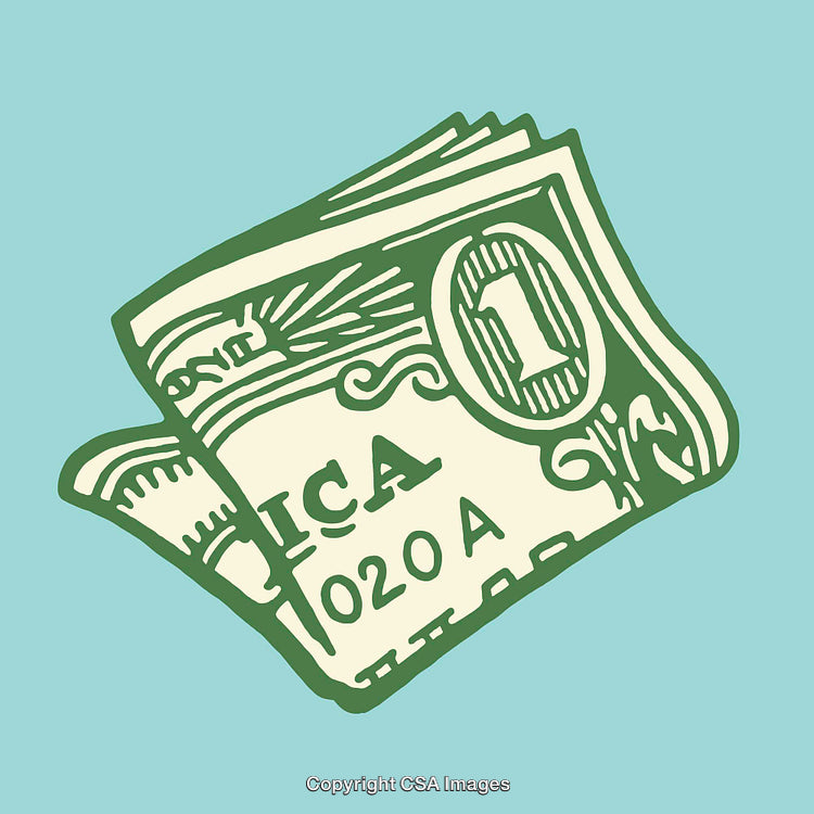 Green Line Art Illustration of One Dollar Bill on Blue Background
