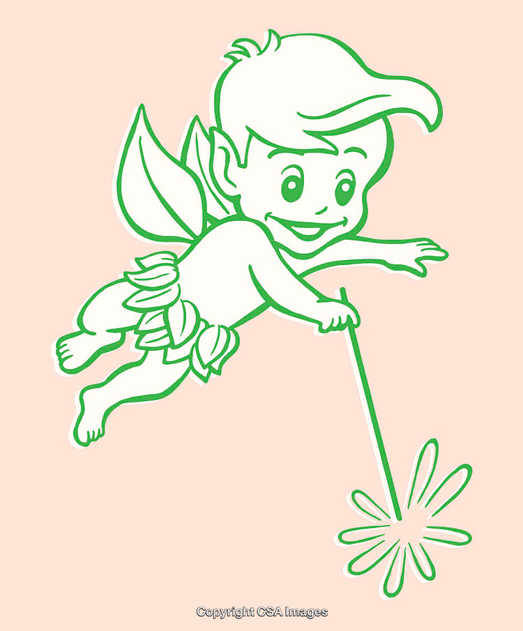 Colorful Line Art Illustration of a Flying Magical Elf with Wand