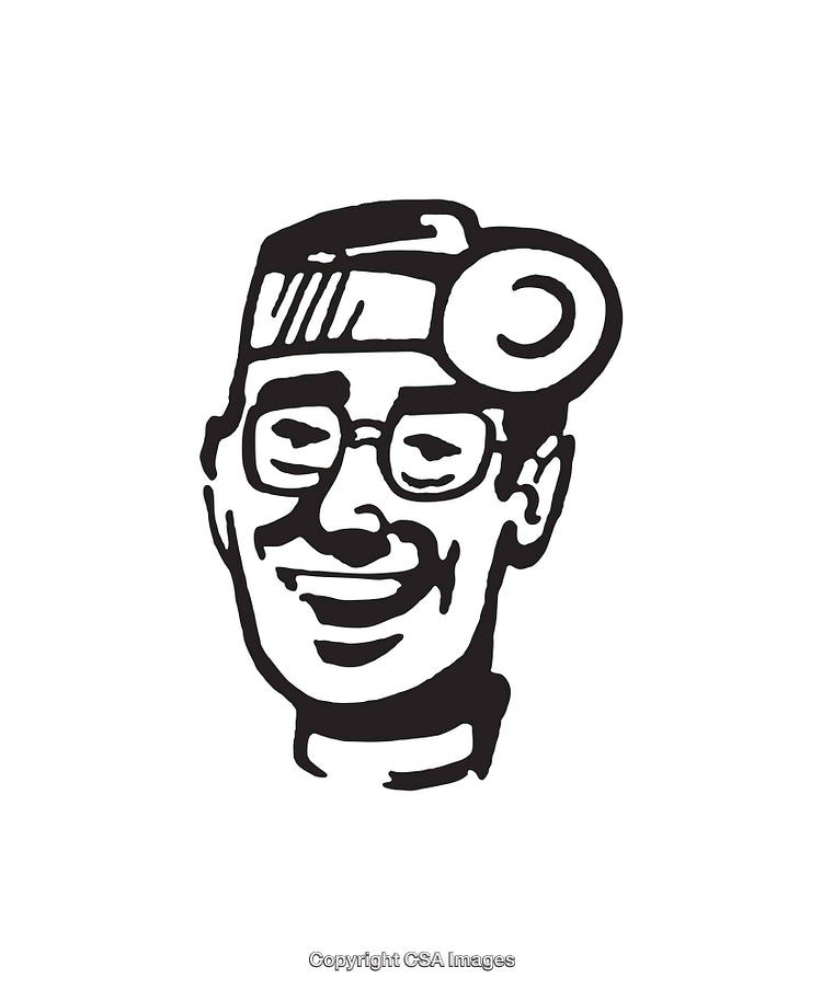 Black and White Line Art of Happy Doctor with Medical Headlamp