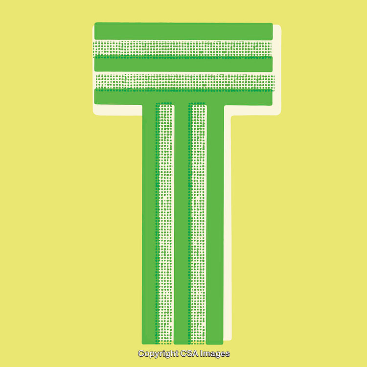 Stylized Letter T Design on Bright Yellow Background with Graphic Details