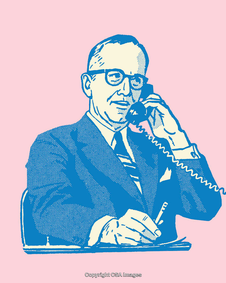 Vintage Businessman Conversing on Telephone in Classic Color Line Art Style