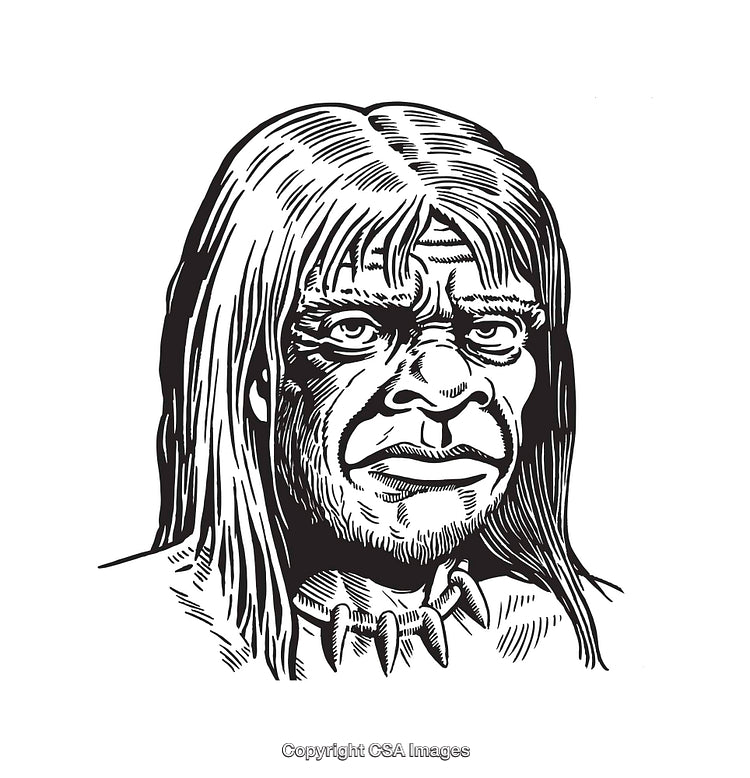 Black and White Line Art Illustration of a Prehistoric Human Profile
