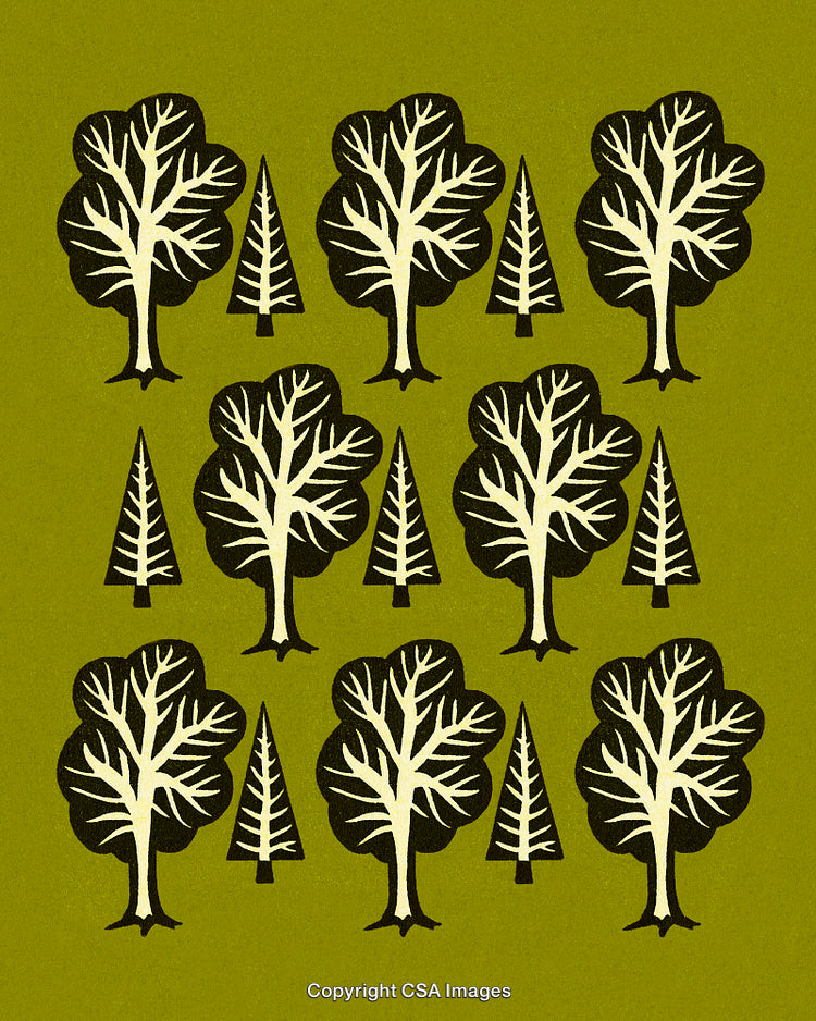 Pattern of Stylized Trees on a Green Background in Vintage Art Style
