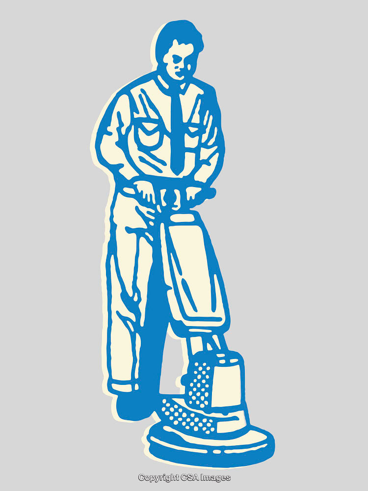 Blue Illustration of Worker Using a Floor Polishing Machine