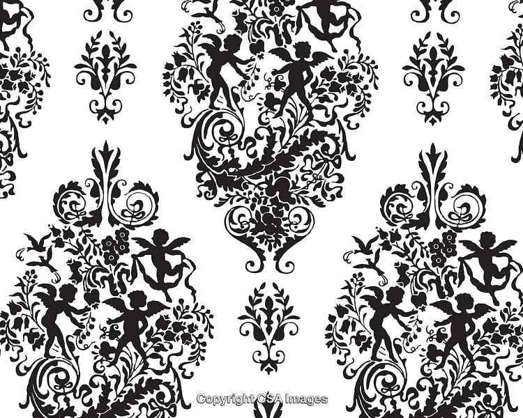 Elegant Black and White Floral Pattern with Angel Silhouettes