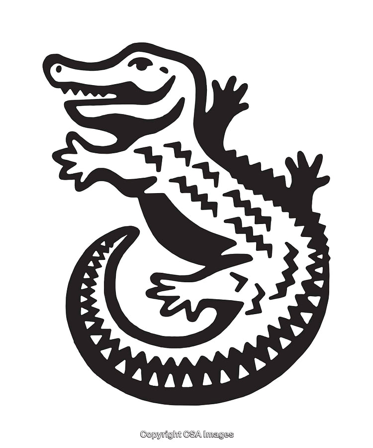 Stylized Black and White Illustration of a Crocodile in Tribal Art Style