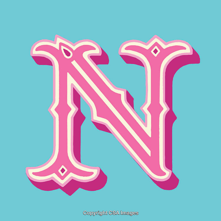 Ornate Pink Letter N with Blue Background and Shadow Effect
