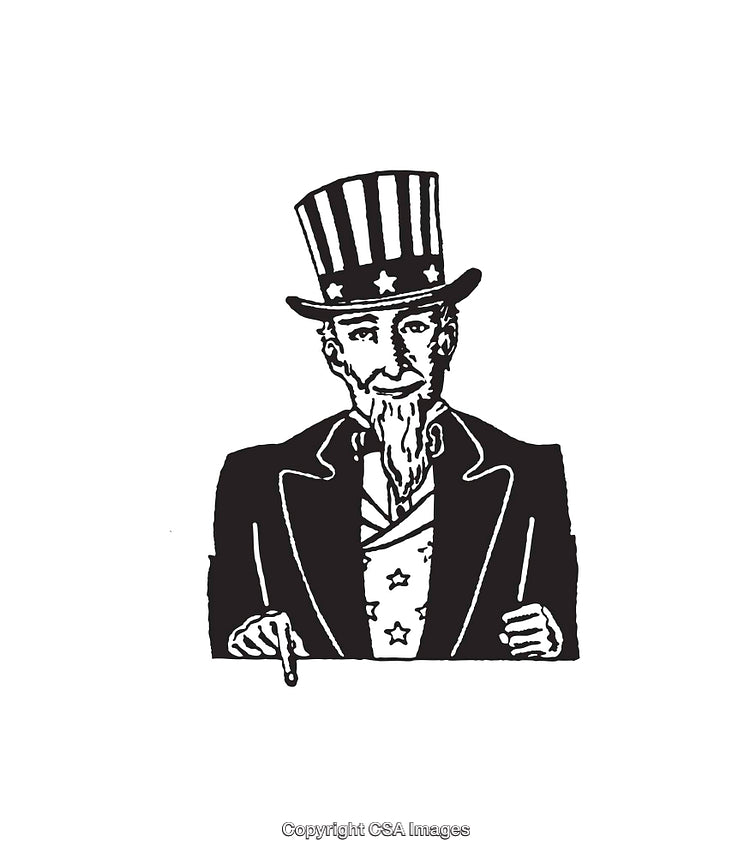 Black and White Patriotic Illustration of a Character in Striped Hat