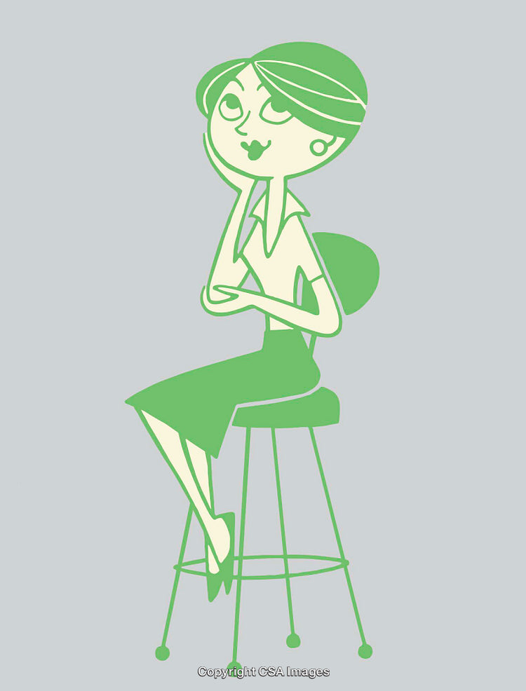 Retro Styled Illustration of a Woman Sitting and Thinking on a Stool