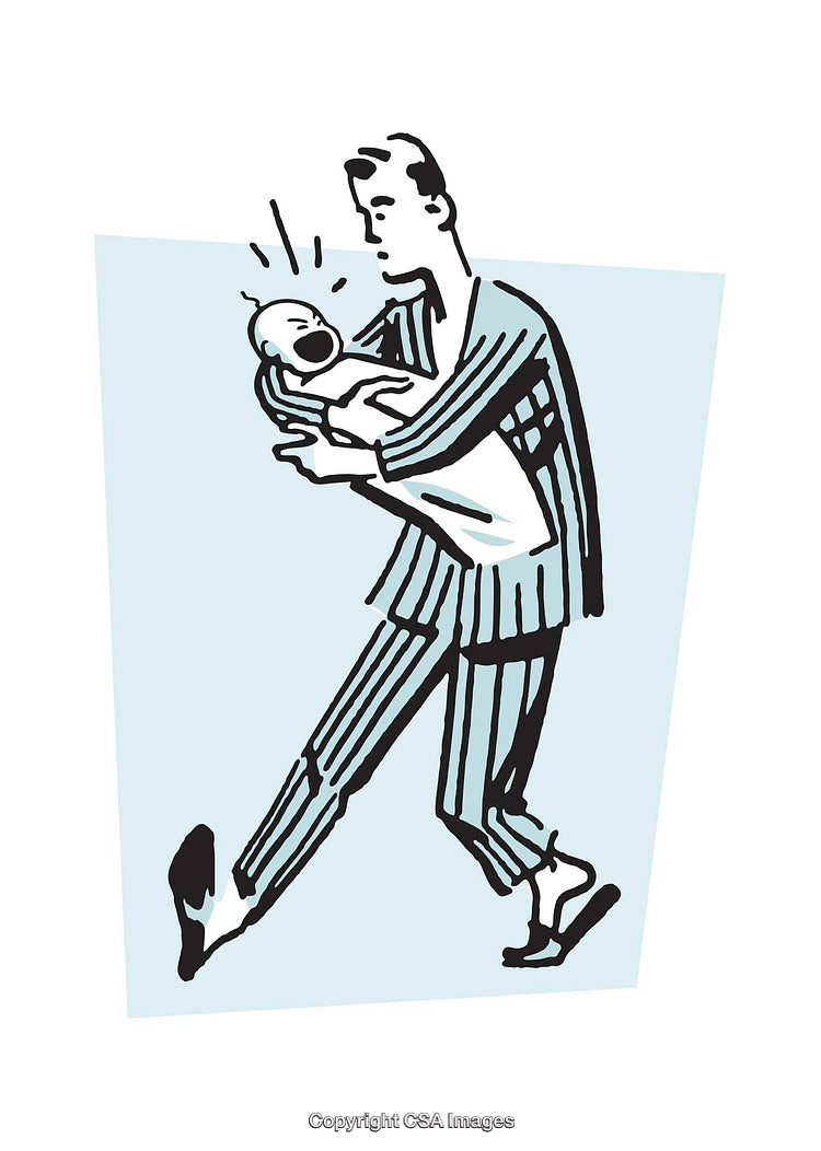 Father Holding Crying Baby in Illustrative Style Drawing