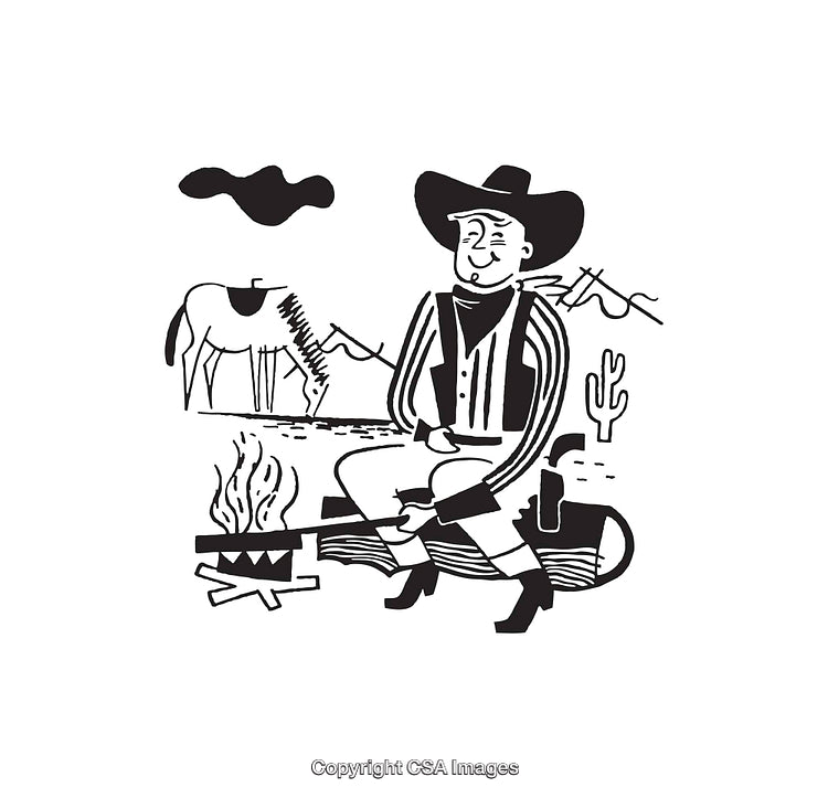 Cowboy Relaxing by Campfire in Black and White Line Art Illustration
