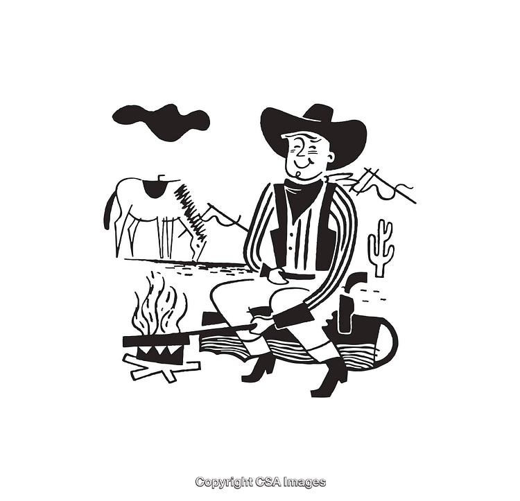 Cowboy Relaxing by Campfire in Black and White Line Art Illustration