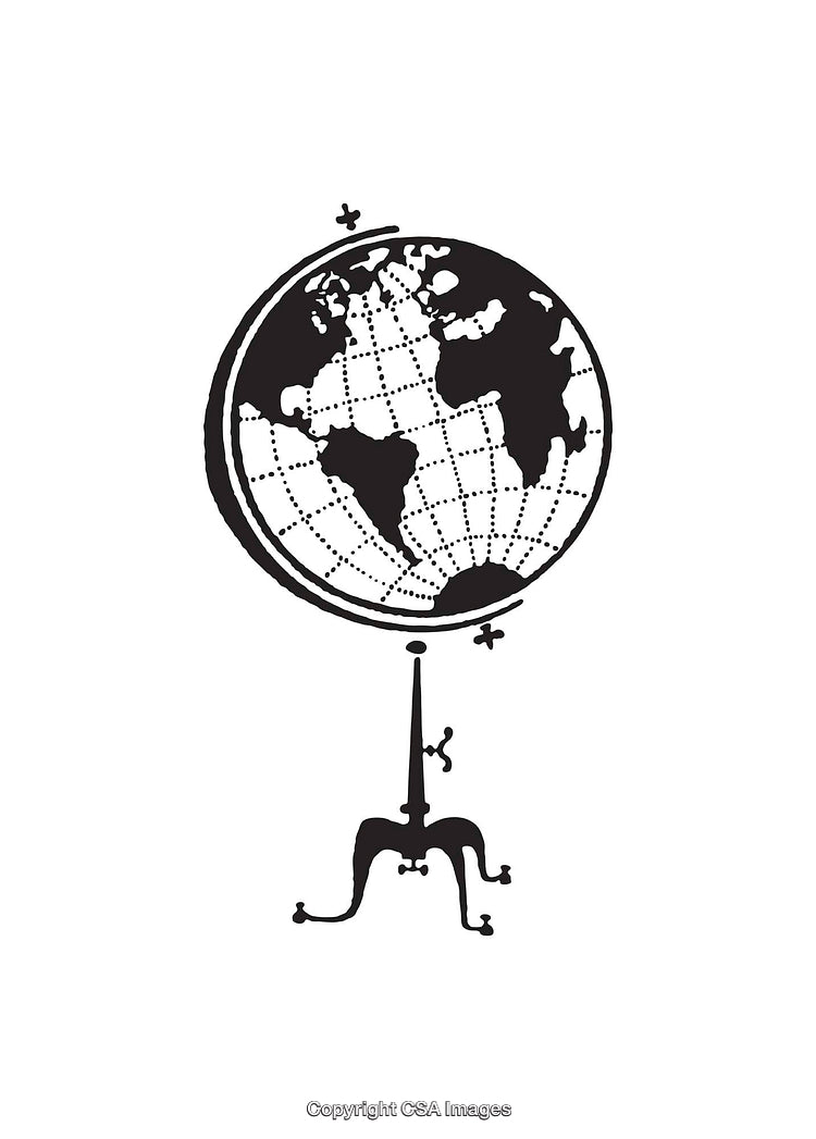 Black and White Line Art Illustration of a Geographical Globe