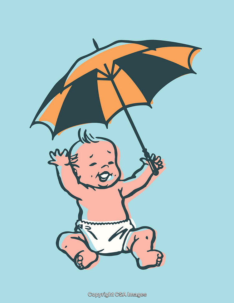 Illustration of a Happy Baby Playing With an Umbrella in Colorful Style