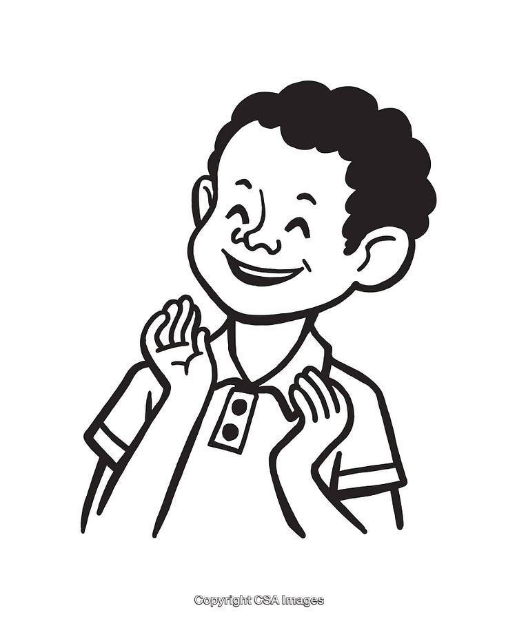 Happy Child Smiling With Hands Raised in Black and White Line Art
