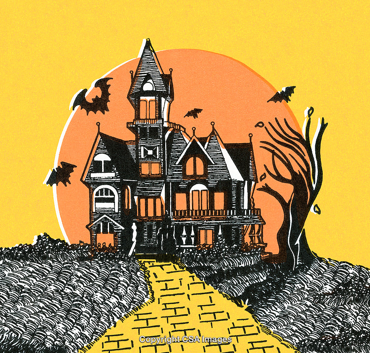 Spooky Victorian Haunted House with Full Moon and Flying Bats Illustration