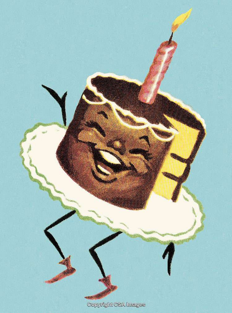 Vintage Happy Dancing Cake Character with Candle on Light Blue Background