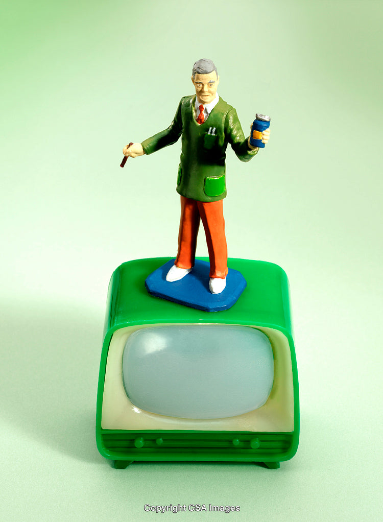 Miniature Figurine on Retro Television with Vibrant Green Background