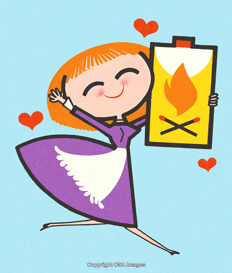 Happy Cartoon Girl Holding a Matchbox with Vibrant Design Elements