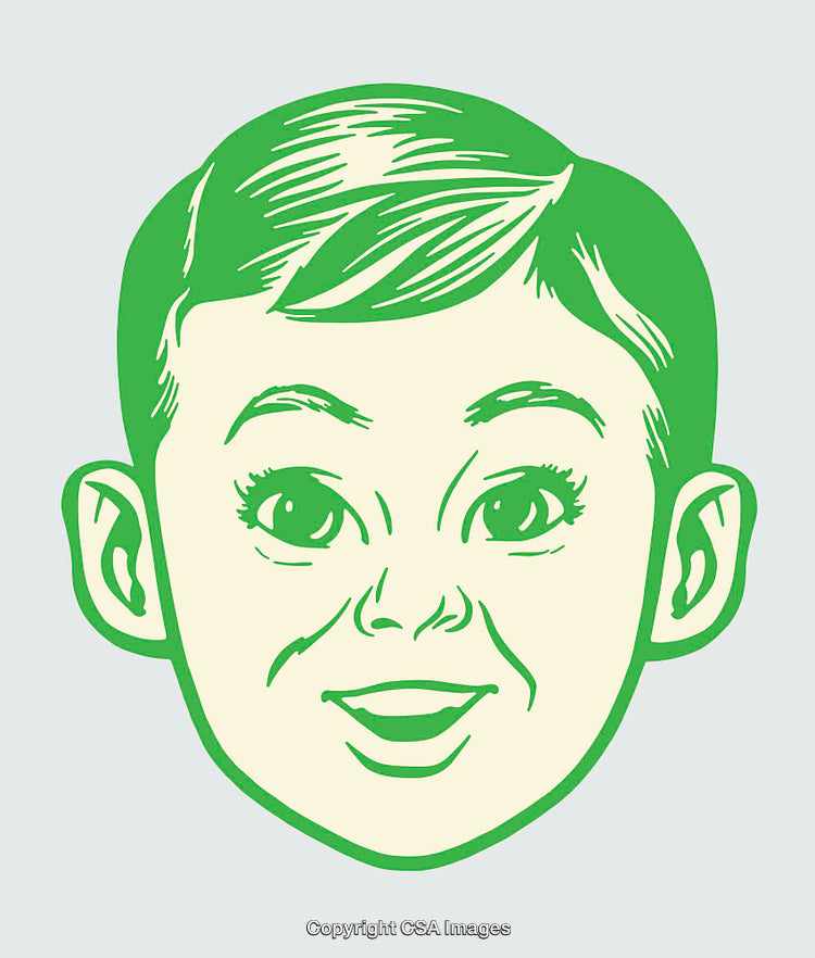 Retro Green Line Art of a Smiling Child's Face Illustration