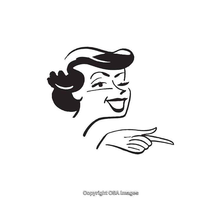 Playful Retro Woman Pointing in Black and White Line Art